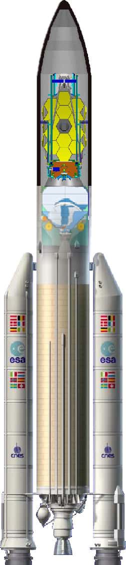 <br/>Le télescope James Webb devrait (devait ?) être lancé par une fusée Ariane 5 ECA. On voit ici l'instrument dans la coiffe du lanceur. © Arianespace/Esa/Nasa