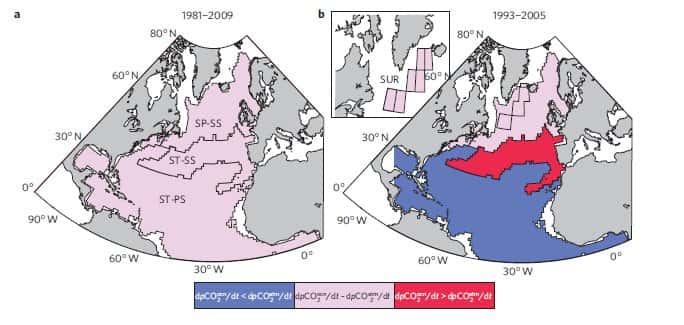 Carte montrant la différence d'évolution des concentrations en dioxyde de carbone dans l'atmosphère et dans l'océan. En rose, les concentrations évoluent de la même manière. En rouge, la concentration dans l'océan augmente plus vite. En bleu, la concentration dans l'atmosphère augmente plus vite. Ces cartes montrent la variabilité temporelle, selon qu'on mesure sur 8 ans (1993-2005) ou sur 28 ans (1981-2009), et la variabilité régionale. © Ganel McKinley, université du Wisconsin