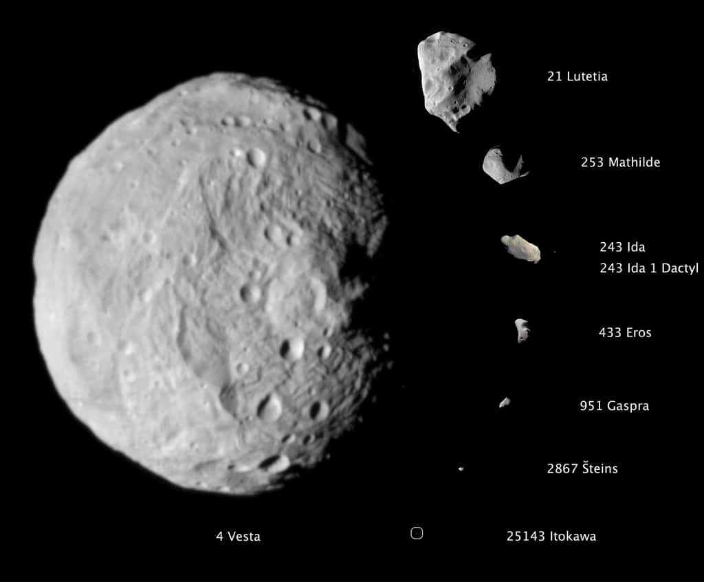 Les astéroïdes approchés par une sonde, à la même échelle. © Nasa/JPL-Caltech/Ucla/MPS/DLR/IDA