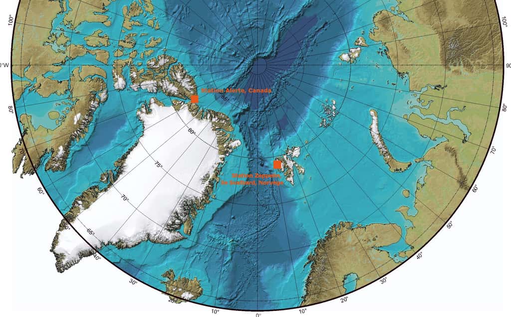 Les deux stations où les mesures ont été effectuées : Alert, au nord du Canada et Zeppelin sur l'île de Svalbard. ©  Bruno Scala/Futura-Sciences