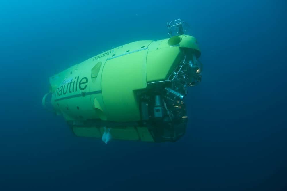 Le <em>Nautile</em> en action. Il peut emmener trois personnes jusqu'à 6.000 mètres de profondeur, soit 97 % de la superficie des fonds océaniques. © Ifremer