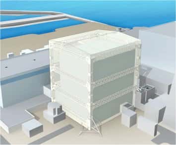Le projet de bâtiment pour couvrir le réacteur 1 de la centrale nucléaire de Fukushima-Daiichi. © Tepco