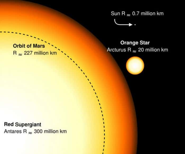 Comparaison des tailles respectives du Soleil, d'Arcturus et d'Antarès. © Sakurambo