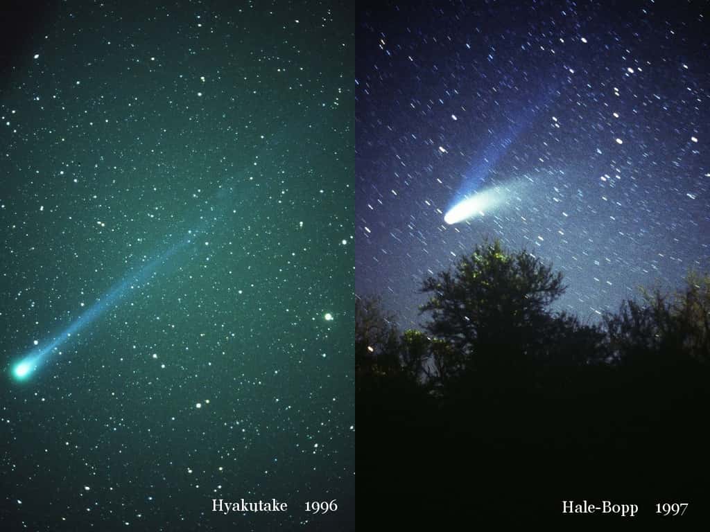 Hyakutake en 1996 et Hale-Bopp en 1997 ont été des comètes beaucoup plus impressionnantes que ce que va nous montrer Elenin. © <a href="http://montreurdimages.blogspot.com/2011/07/les-cometes-font-toujours-peur.html" title="J-B Feldmann" target="_blank">J.-B. Feldmann</a>