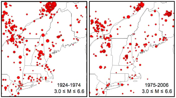 Une carte des tremblements de terre en Nouvelle-Angleterre et dans les régions avoisinantes (New York est situé tout en bas à gauche sur la carte). Les données pour 1924-1974 proviennent de l'USGS, et celles pour 1975-2006 sont tirées des archives de l'observatoire Weston dont les données sont enregistrées par le Réseau sismique nord-est des États-Unis. Les magnitudes sont entre 3 et 6,6. © Alan L. Kafka- <em>Boston College</em>