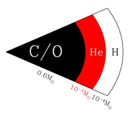 Une coupe classique d'une naine blanche pesant guère plus que 0,6 fois la masse du Soleil avec un cœur composé essentiellement de noyaux de carbone (C) et d'oxygène (O) entouré des couches d'hélium (He) et d'hydrogène (H). © <em>University of Hertfordshire</em>