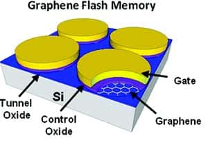 Schéma succinct des cellules mémoire du prototype de mémoire Flash au graphène. Sur une base de silicium (<em>Si</em>) ont été installés une feuille de graphène puis les autres composants des cellules (<em>Gate</em>), la jonction (<em>Tunnel Oxide</em>) et la grille de contrôle (<em>Controle Oxide</em>). Par rapport au silicium, le graphène apporte de meilleures performances (consommation, épaisseur, tenue de l'information dans le temps). © Augustin J. Hong <em>et al.</em>