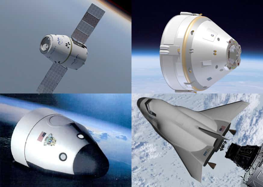 Les quatre projets retenus par la Nasa dans le cadre de CCDev avec Dragon de SpaceX, le CST-100 de Boeing, le New Shepard à décollage et atterrissage verticaux de Blue Origin et l'engin ailé de Sierra Nevada (de haut en bas et de gauche à droite). © DR