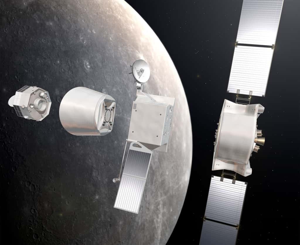 Novembre 2020, la sonde arrive autour de Mercure. Les différents modules se séparent les uns des autres. L'étage de croisière qui a transporté l'ensemble jusqu'à Mercure est éjecté dans l'espace en se séparant des orbiteurs MPO et MMO. © Esa/AOES Medialab