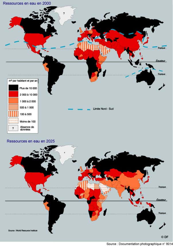 Utilisation de l'eau dans le monde en 2000 et en 2025. © Documentation Photographique, DR