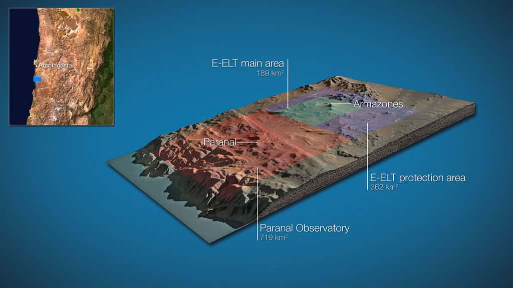 Le futur télescope géant E-ELT sera au centre d'une zone protégée de 550 kilomètres carrés. © ESO