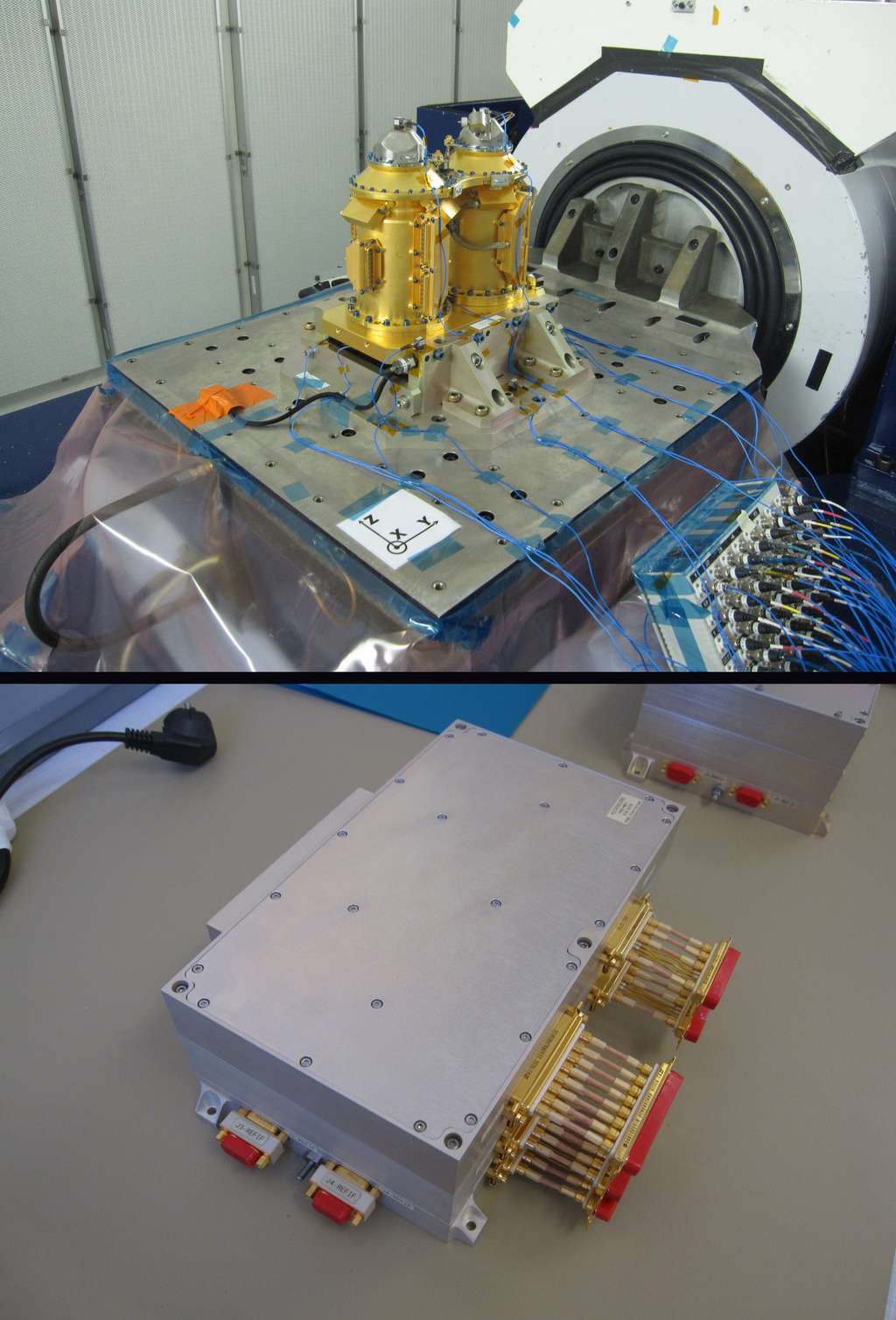 Modèle de qualification de l’instrument pour la mission Microscope en essai de vibration (image du haut) et boîtier d’électronique de vol de l’instrument. © Onera