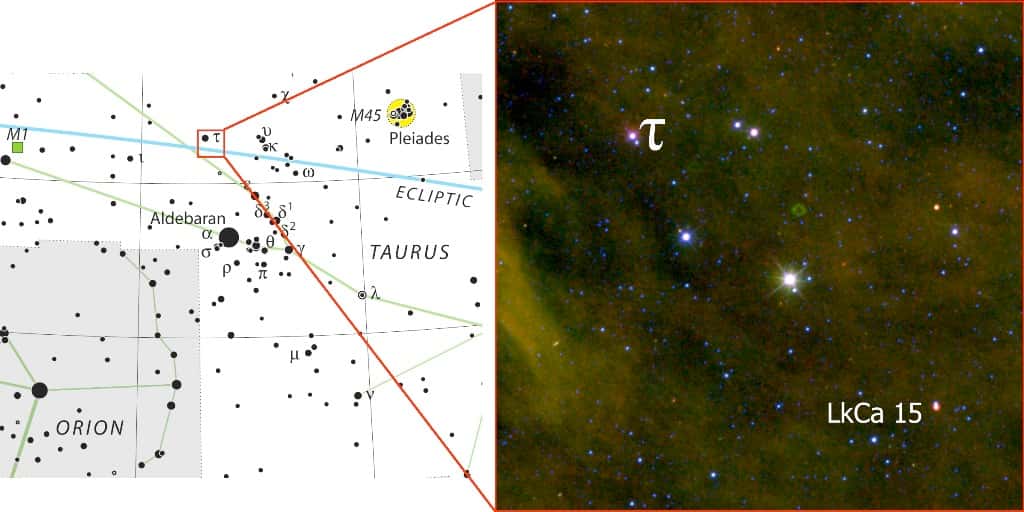 La position de l'étoile LkCa 15 sur la voûte céleste. © Kraus/IAU/Sky &amp; Telescope