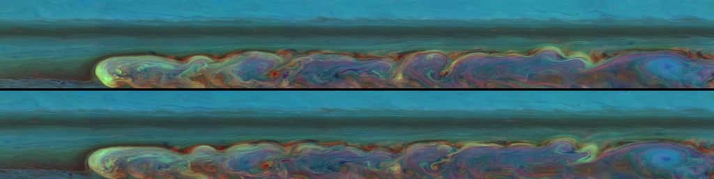 Non, il ne s'agit pas de la palette d'un peintre s'essayant à des mélanges de couleurs, mais bien de la tempête observée sur Saturne par la sonde Cassini. Onze heures seulement entre les deux images suffisent à mettre en évidence des variations dans les panaches colorés. © Nasa/JPL-Caltech/<em>Space Science Institute</em>  