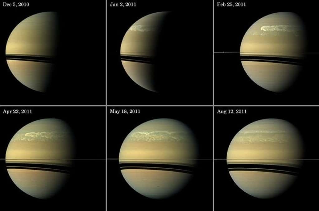 Huit mois de la vie d'une tempête sur Saturne. © Nasa/JPL-Caltech/<em>Space Science Institute</em>