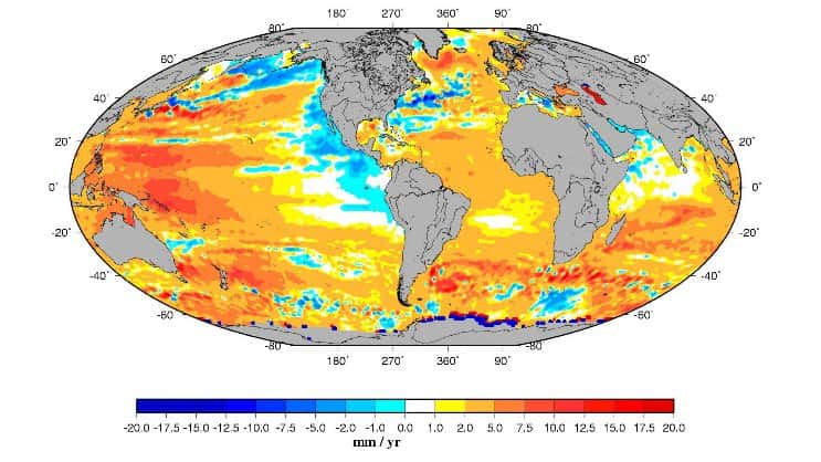 Carte de la distribution géographique des vitesses de variation du niveau de la mer (1993-2007). © Legos, d'après Topex/Poseidon et Jason-1