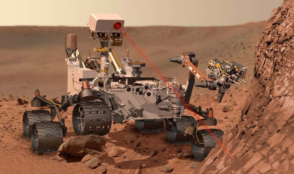  Les deux instruments franco-américains de la mission sont ChemCam et Sam. ChemCam analysera par spectrométrie la lumière d’un plasma issu d’un tir laser sur des roches martiennes situées entre 2 et 7 m autour du rover. Quant à la suite d’instruments Sam, elle réalisera des analyses des roches, du sol et de l’atmosphère afin de rechercher les composés chimiques liés au carbone et associés à la vie. © Nasa/JPL