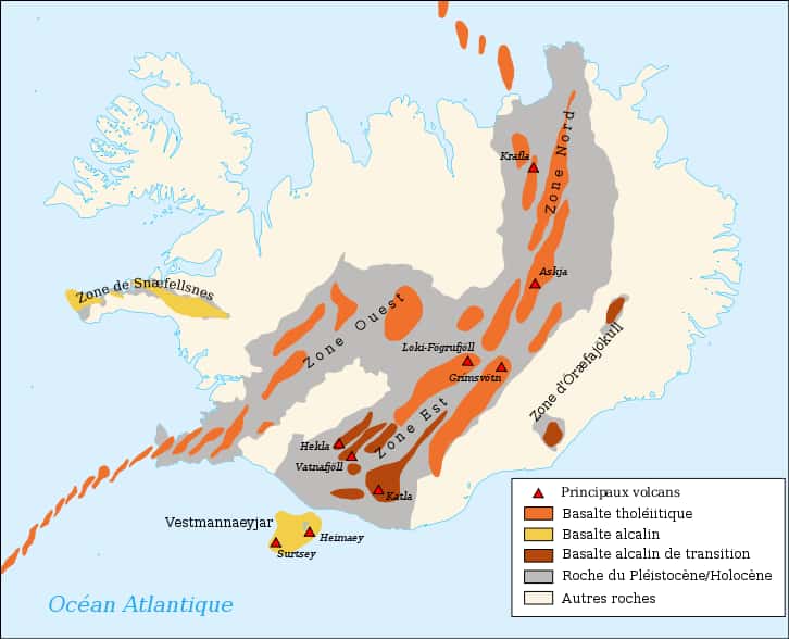 Carte des principaux volcans d'Islande (dont Katla), placés sur la dorsale médio-atlantique, avec les formations géologiques. © Pinpin, Wikipédia, cc by sa 2.0