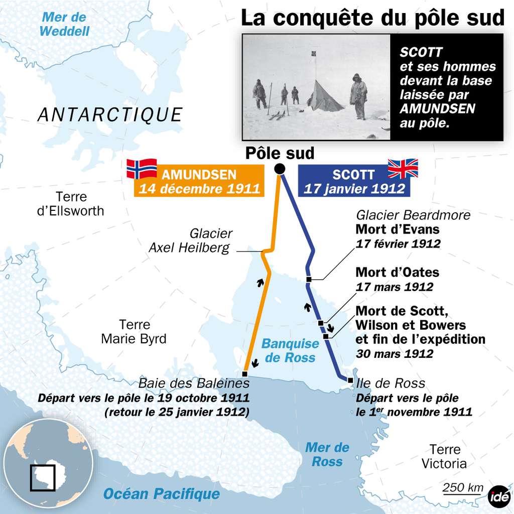 Durant les premières années du XX<sup>e</sup> siècle, la course aux pôles est acharnée. En 1910, deux expéditions se préparent : la norvégienne, menée par Roald Amundsen, et la britannique, dirigée par Robert Scott. L'aventure est difficile. Il faut déjà parvenir sur le continent antarctique, encerclé par les « 40<sup>e</sup> rugissants » et les « 50<sup>e</sup> hurlants » et protégé par la banquise. Reste ensuite à s'enfoncer sur des centaines de kilomètres dans le continent, en tirant des traîneaux et en évoluant sur un sol crevassé et montagneux. Le pôle Sud se trouve sur un plateau à plus de 2.800 mètres d'altitude. © Idé