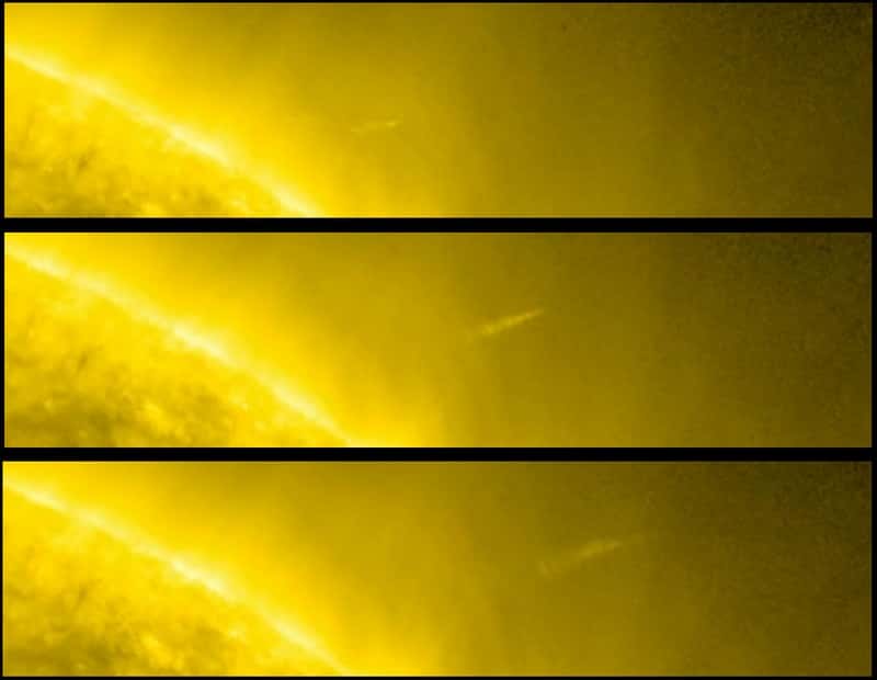 Cette série de 3 images montre la sortie de la comète C/2011 W3 après son passage derrière le Soleil et les brutales modifications d'aspect de sa queue. © Nasa/SDO