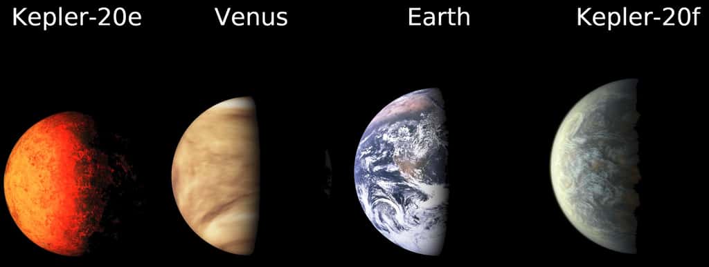 Un montage montrant les tailles, respectivement de gauche à droite de Kepler 20e, Vénus, la Terre et Kepler 20f. Les exoplanètes représentées ne sont que des vues d'artiste. © Nasa/Ames/JPL-Caltech