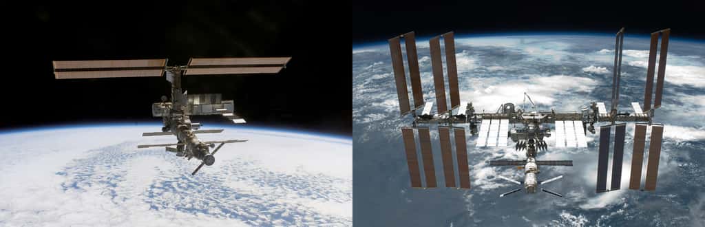 Ce ne sera pas le premier séjour d’André Kuipers à bord de l’ISS. En 2002, le Néerlandais avait effectué un vol d’une semaine à bord de la Station (image de gauche) qui n'était pas encore achevée, comme c'est le cas aujourd'hui (image de droite). © Nasa