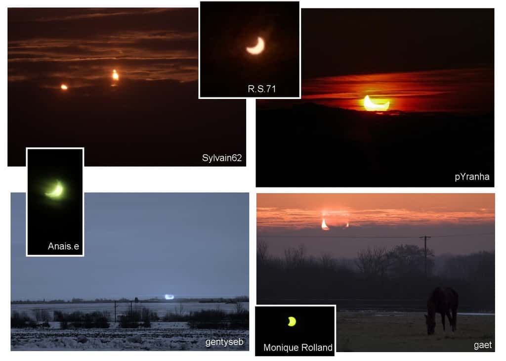Quelques images du croissant solaire qu'on pouvait observer à l'aube du 4 janvier envoyées par les internautes à Futura-Sciences. © D.R.