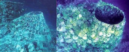 Comparaison d'une structure métallique parcourue par un courant selon le procédé Biorock un an après son installation (à gauche) et deux ans plus tard (à droite). Cette installation se trouve aux Maldives. © Biorock.net