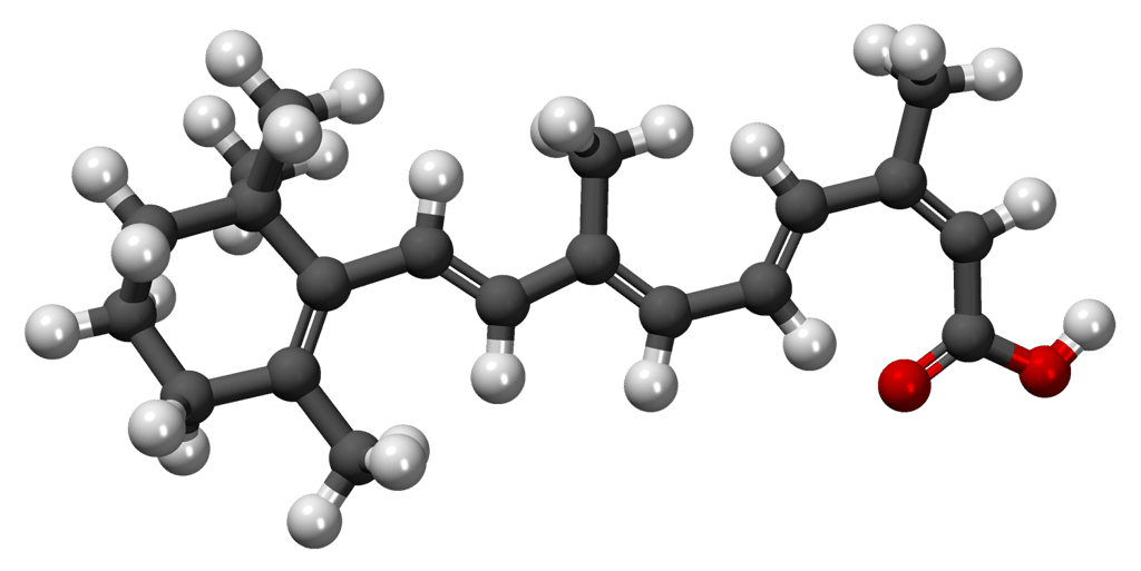 L'isotrétinoïne, dont on voit la structure tridimensionnelle, est le principe actif de divers médicaments contre l'acné. Elle a de nombreux effets secondaires, y compris sur le système cardiovasculaire ou le système respiratoire. © MindZiper, DP