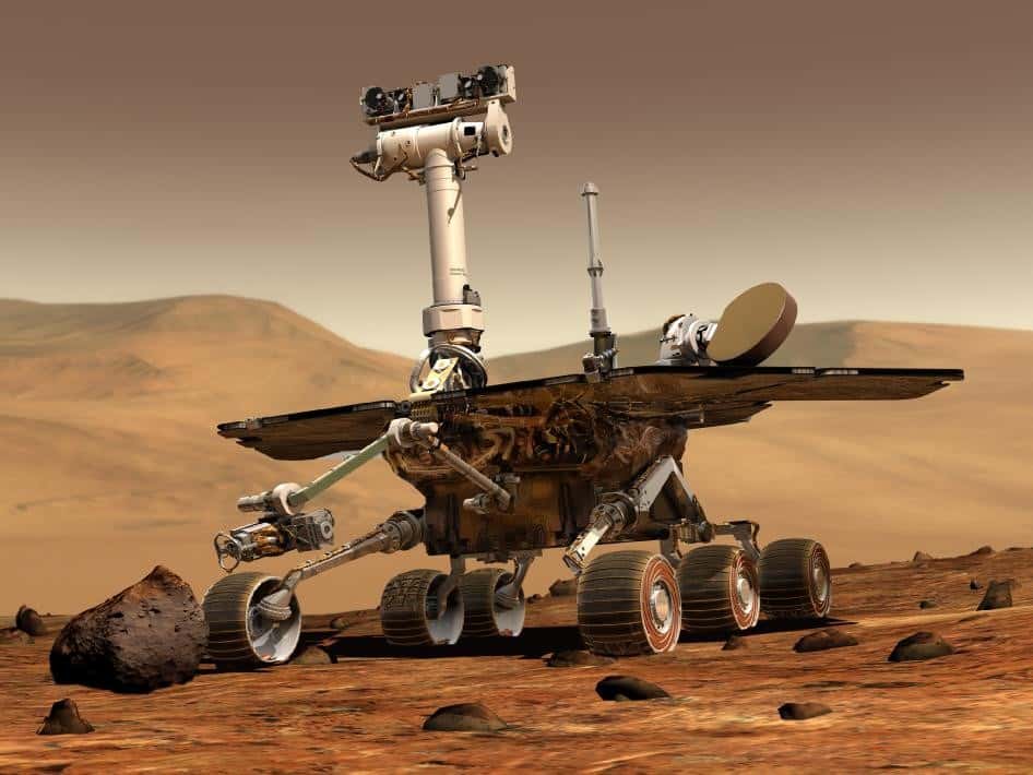 Spirit ou Opportunity ? Les jumeaux du programme <em>Mars Exploration Rover</em> ont commencé à arpenter la Planète rouge il y a 8 ans. © Nasa/JPL/<em>Cornell University</em>