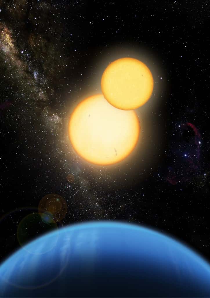 Une vue d'artiste de Kepler 35b en orbite autour de ses soleils. © Lior Taylor