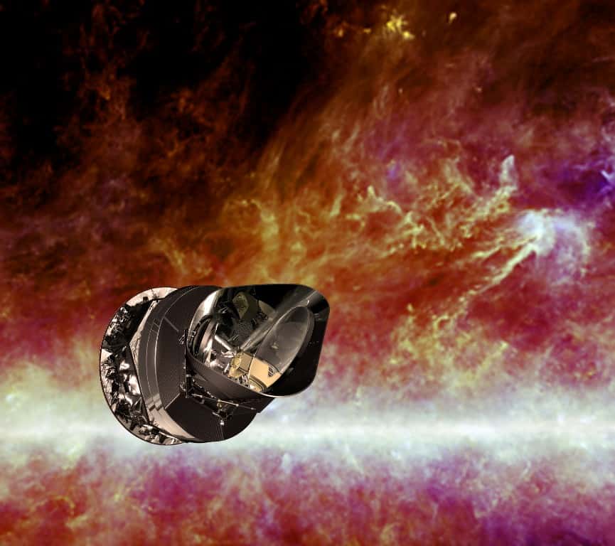 Une vue d'artiste de Planck sur un fond en infrarouge montrant une partie de la Voie lactée vue par les instruments de Planck et Iras. © ESA, HFI Consortium, Iras