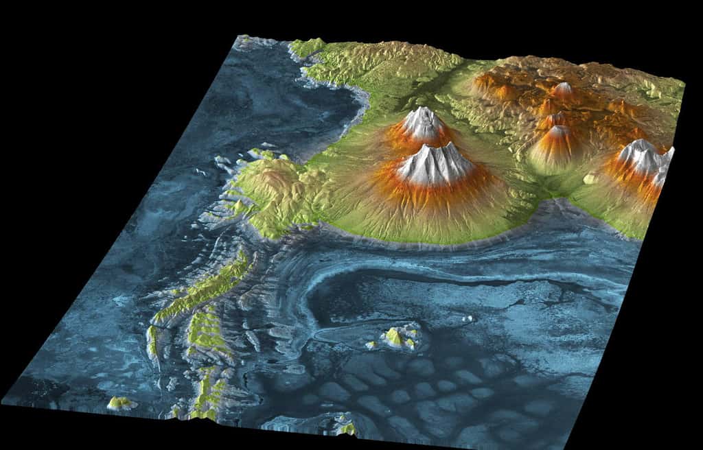 Ce MME montre le volcan Tunupa et les bords du Salar de Uyuni, un désert de sel de plus de 10.000 kilomètres carrés, en Bolivie. © DLR