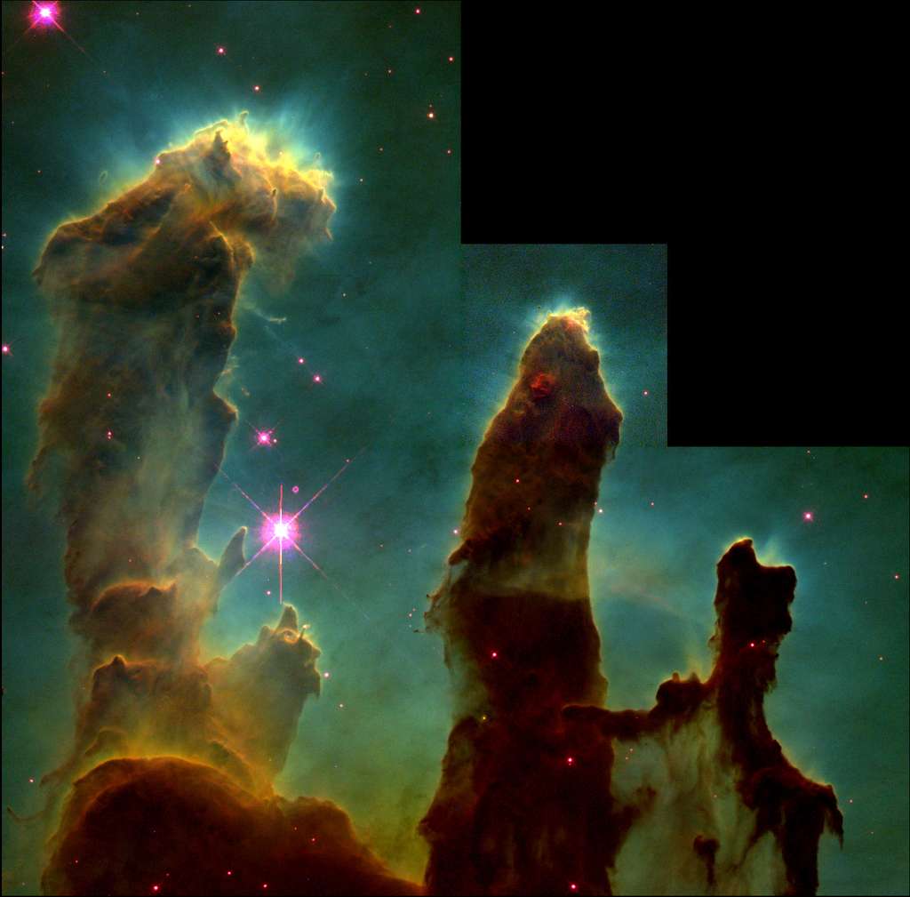 Première image des Piliers de la Création réalisée en 1995 par le télescope spatial Hubble. © Nasa/Esa/STScI, Hester &amp; Scowen (<em>Arizona State University</em>)