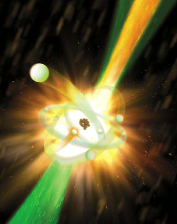 Une vue d'artiste d'un atome de néon bombardé par une impulsion laser dans le domaine des rayons X, perdant ensuite un électron et se désexcitant en émettant du rayonnement X secondaire. © Greg Stewart/Slac
