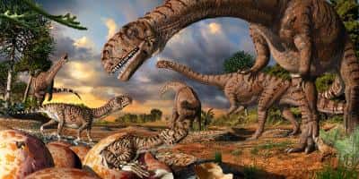 Reconstitution d'une scène datant de 190 millions d'années, sur un site de nidification de <em>Massospondylus.</em> © Julius Csotonyi