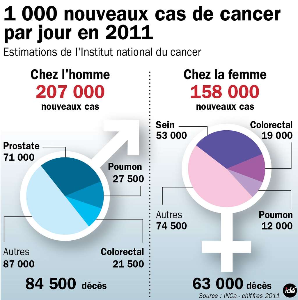 Près de 400.000 cancers ont été diagnostiqués en France en 2011 d'après l'Institut national du cancer (Inca) et un peu moins de 150.000 décès ont été comptabilisés. © Idé/INCA