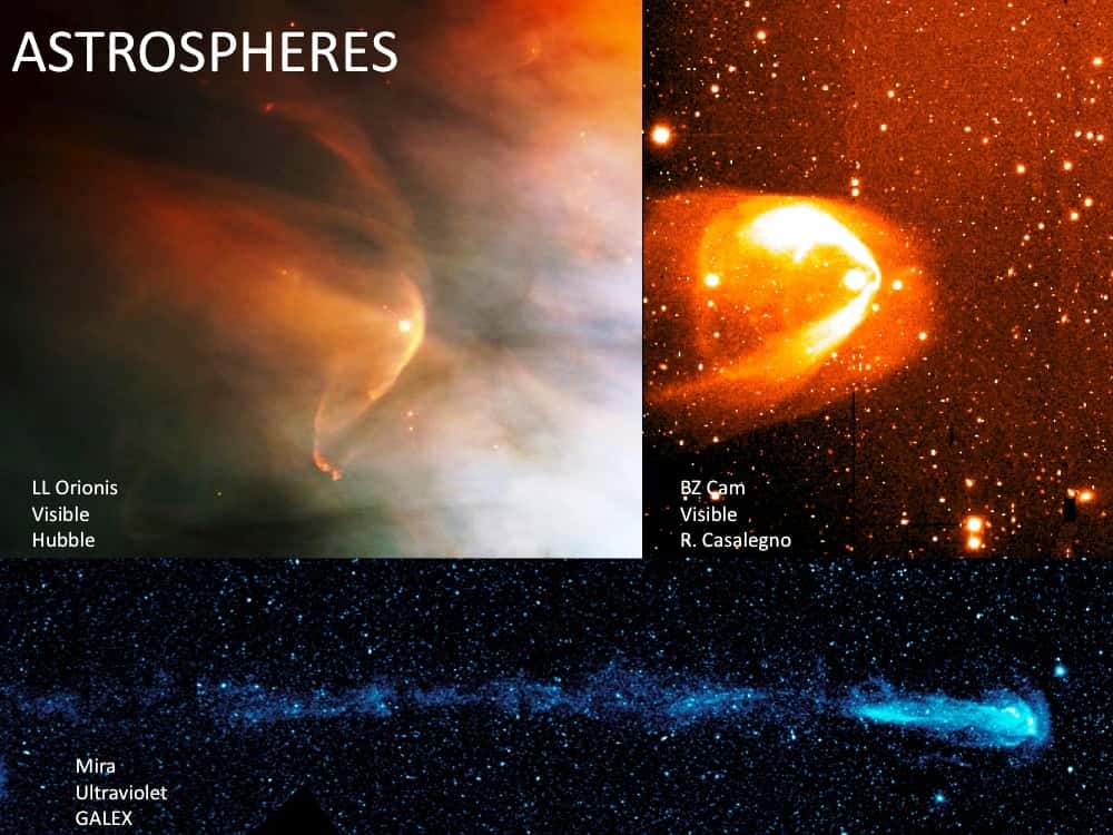 Dans le visible, on repère l'équivalent de l'héliosphère de notre Soleil autour de plusieurs étoiles proches comme LL Orionis vue par Hubble en haut à gauche. Ce sont des astrosphères, des bulles magnétiques de vents stellaires séparant l'étoile et son environnement du milieu interstellaire. © Nasa, Esa, JPL-Caltech-GSFC, SwRI