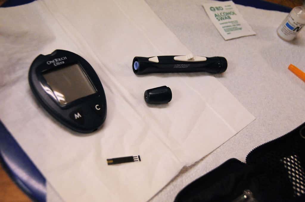Les personnes diabétiques souffrent d'un taux de sucres dans le sang trop élevé, entraînant de nombreuses pathologies, notamment au niveau cardiovasculaire mais aussi au niveau oculaire. Les diabétiques ont aujourd'hui recours à un glucomètre pour mesurer leur glycémie sanguine. Cette opération, quotidienne, indique quelle dose d'insuline (l'hormone qui permet de baisser les concentrations de glucose) s'injecter pour atteindre un niveau normal, compris entre 0,7 et 1,2 gramme par litre de sang. © Momboleum, Flickr, cc by nc nd 2.0