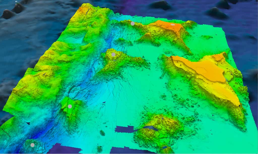 Une des images produites grâce aux résultats de la campagne de 2010. Les couleurs (fausses) indiquent les profondeurs (le jaune pour les plus faibles, le bleu plus les plus grandes). La fosse des Mariannes se distingue très bien, à gauche. On remarque quatre massifs, en vert et surmontés d'un point rond. À leur base, la profondeur du canyon remonte. © <em>University of New Hampshire Center for Coastal and Ocean Mapping/Joint Hydrographic Center</em>