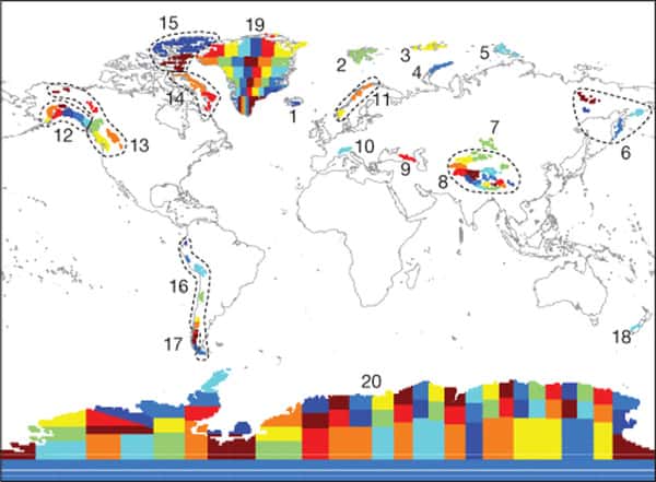 Chaque couleur représente un « mascon ». Il y en a 175 répartis en 20 régions représentées en pointillés ou avec des numéros. La masse de glace (en tonne) de chacun d'entre eux a été mesurée depuis l'espace entre 2003 et 2010. © Jacob <em>et al.</em> 2012, <em>Nature</em>