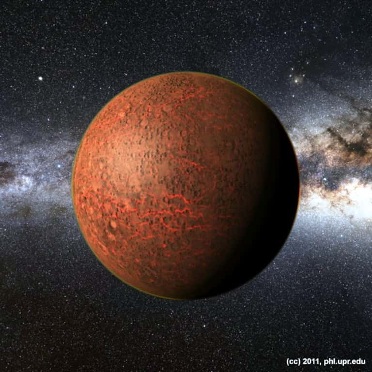 Vue réaliste d'une exoplanète carbonée de la taille de Mars avec une atmosphère fine, synthétisée avec un ordinateur. © <em>Planetary Habitability Laboratory</em>, UPR Arecibo, 2011