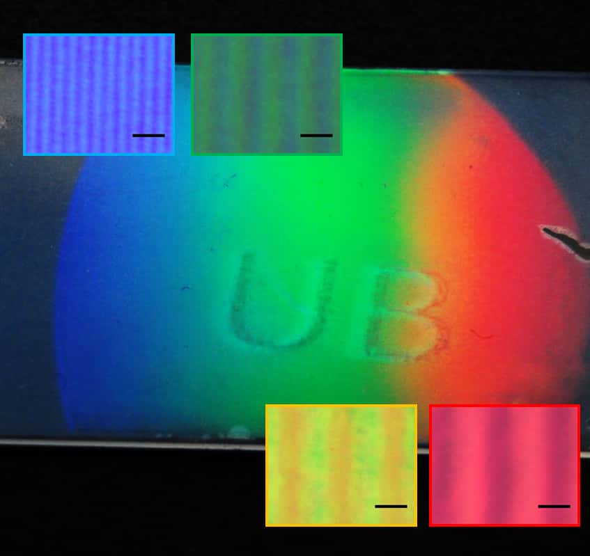 En haut et en bas, à gauche et à droite des images prises au microscope du réseau coloré soumis à la lumière du soleil, de 25 millimètres de large, que l'on voit en arrière-plan. Les barres noires indiquent une longueur de 10 micromètres. © 2012 University at Buffalo.