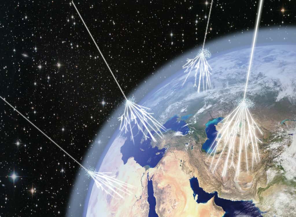 Une vue d'artiste des rayons cosmiques entrant en collision avec les noyaux de l'atmosphère et provoquant des gerbes de particules secondaires atteignant le sol de la Terre. © Asimmetrie/Infn