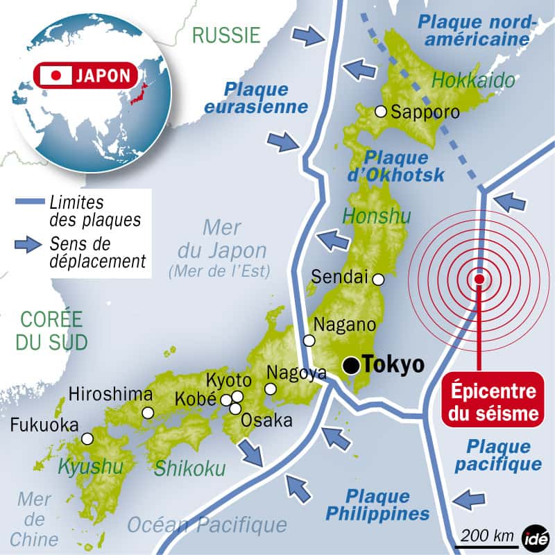 Le Japon se situe à la rencontre de quatre plaques lithosphériques qui plongent les unes sous les autres, créant des zones de subduction. Le 11 mars 2011, la plaque Pacifique a brusquement glissé vers l'ouest. La longueur de la faille concernée, entre 400 et 500 km, est exceptionnellement grande. © Idé