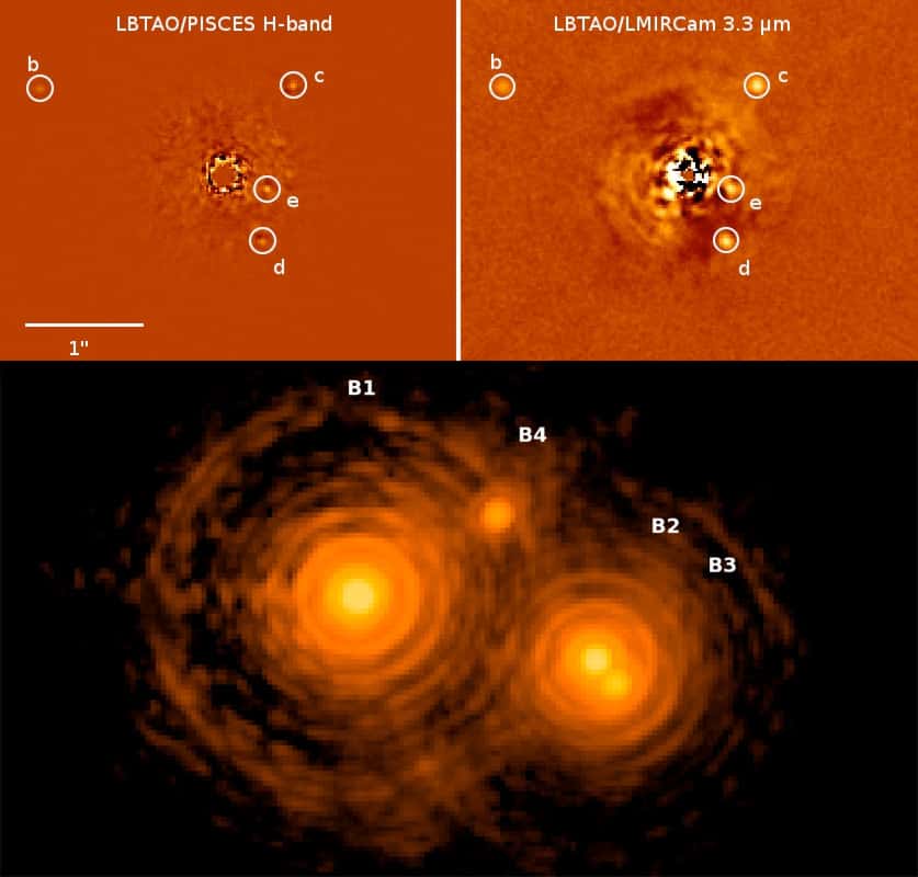 Des exoplanètes observées à proximité de leur étoile parente (ici les quatre planètes autour de HR 7899), un meilleur regard sur la formation des étoiles et un sondage très fin à l’intérieur d’un disque de débris entourant une étoile sont les sujets de cette première série de découvertes rendue publique par les astronomes utilisant le télescope géant LBT. © <em>Large Binocular Telescope Consortium</em>