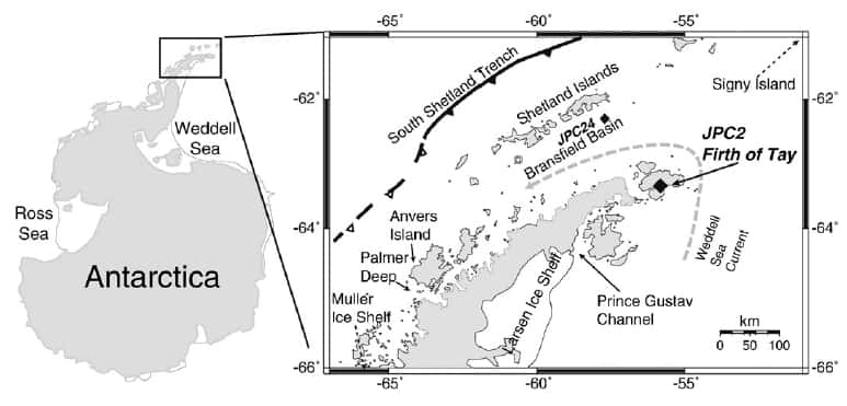 Les scientifiques ont réalisé des carottages sur la péninsule de l'Antarctique. Les points de prélèvement sont marqués avec un losange noir. © Lu <em>et al. </em>2012 <em>Earth and Planetary Science Letters</em>