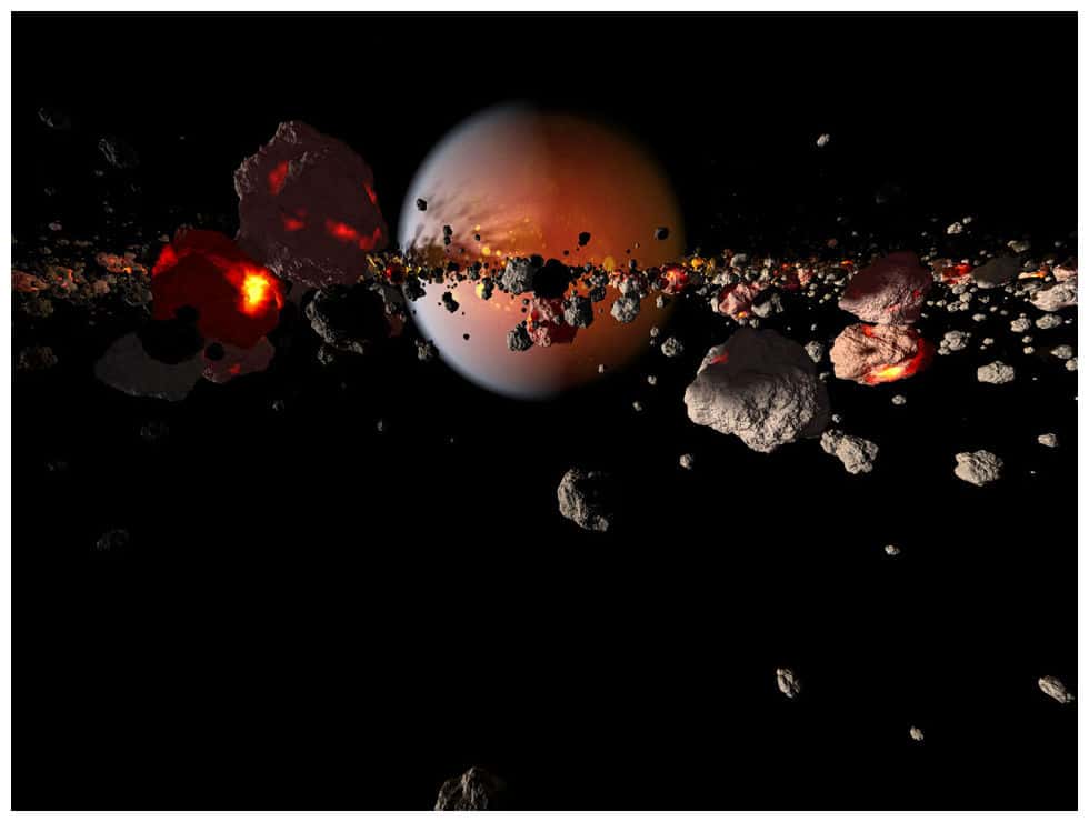 Une vue d'artiste du disque de débris laissé autour de la Terre par sa collision avec Théia. La Terre elle-même apparaît avec un océan de magma à sa surface à l'arrière plan. © Cosmic Collisions Space Show/Rose Center for Earth and Space/AMNH