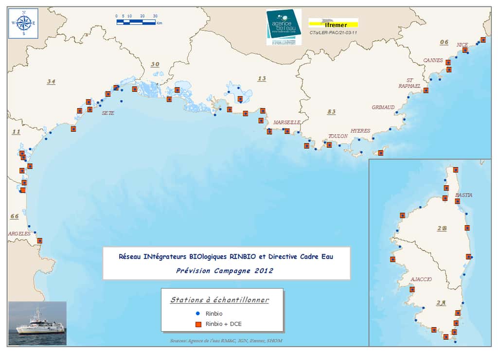 Positions relatives de toutes les stations d'échantillonnages qui devraient être déposées à partir du navire <em>L'Europe</em> lors de la campagne DCE 3, entre le 28 mars et le 20 avril 2012. © Ifremer/AERMC