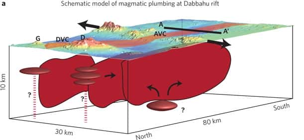Ce schéma représente la position relative des chambres magmatiques (ellipses) au sein du rift de Dabbahu en Éthiopie. Les flux de magma s'insinuant dans les fissures causées par l'écartement des plaques tectoniques sont indiqués par les flèches dans le plan rouge  La forme des chambres est tout à fait hypothétique. © Wright <em>et al.</em> 2012, <em>Nature Geoscience </em>